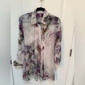 Gossip Watercolor Floral Blouse in Purple, Green and Cream, Size Large